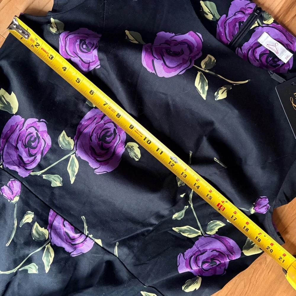 Women's Black Fit and Flair Midi Dress with Purple Rose Print and Waist Tie 2X - Picture 5 of 6